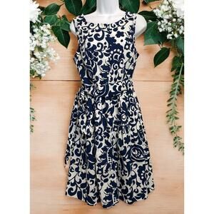Talbots Poplin Fit & Flare Dress Sz 8 Petite Blue White Jacobean Sleeveless